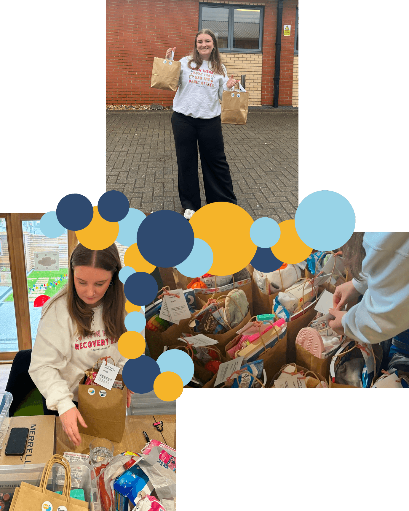 A colection of photos showing the bags of hope being delivered to wards